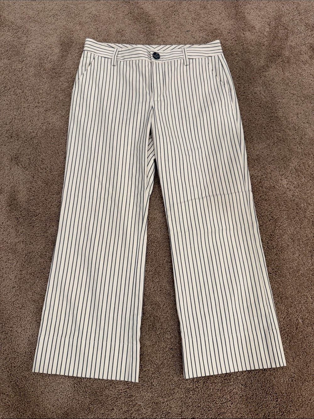 CAbi White Pants with Navy Pinstripes